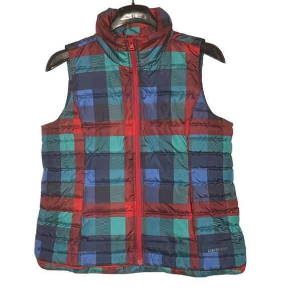 Lands' End Plaid Checked Down Filled Full Zip Puffer Vest Sz SM (6-8) - Picture 1 of 7
